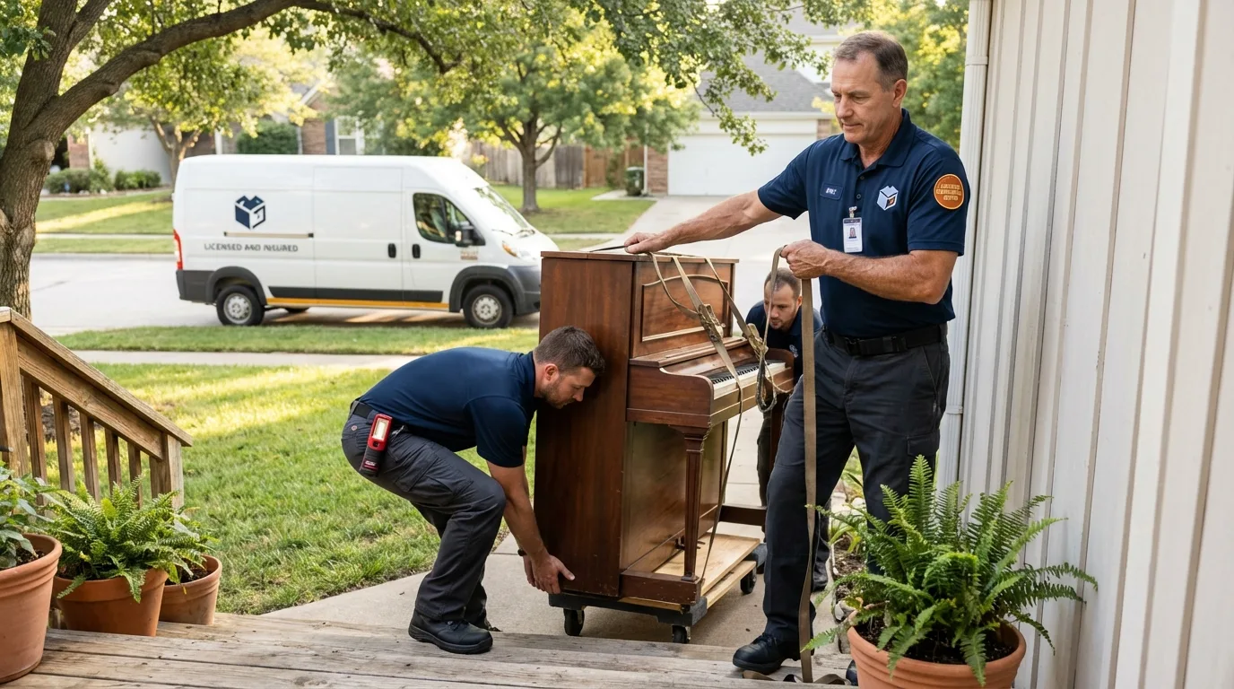 Licensed piano movers securing grand piano in Soquel, CA
