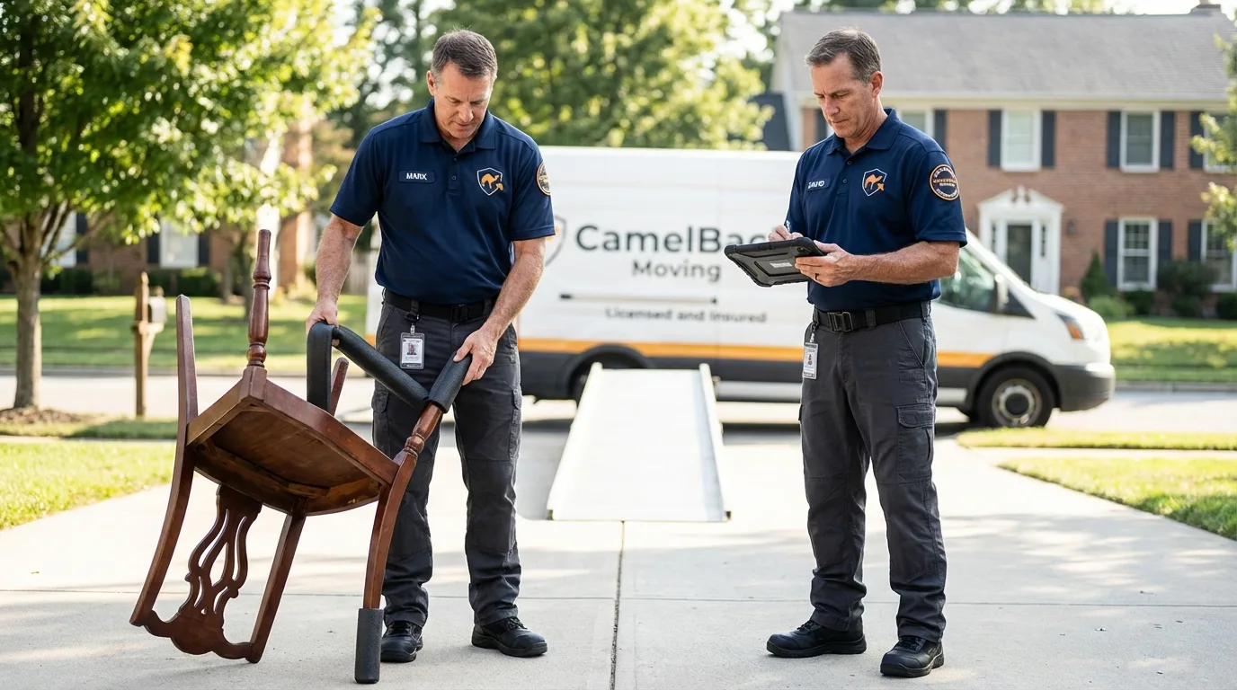Movers inspecting furniture for damage prevention before loading in Soquel, CA