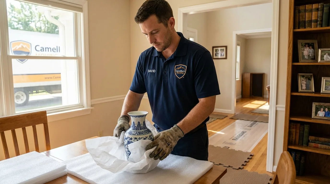 Professional crew carefully wrapping antique vase for senior downsizing move in Soquel, CA